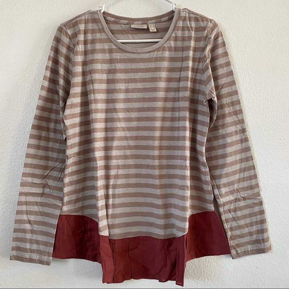 LOGO by Lori Goldstein S Cotton Slub Knit Top Pleated Hem QVC Mocha Striped